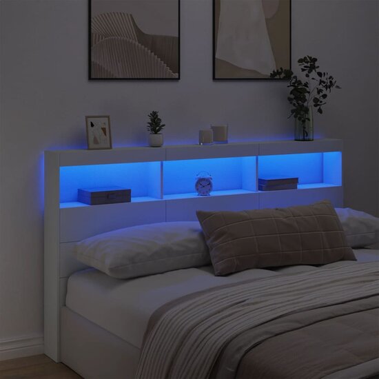 Hoofdbordkast Met Led-Verlichting 180 x 17 x 102 cm Wit