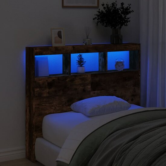 Hoofdbordkast Met Led-Verlichting 120 x 17 x 102 cm Gerookt eiken
