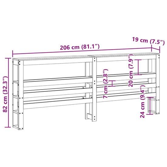 Hoofdbord Met Schappen 200 Cm Massief Grenenhout 206 x 19 x 82 cm Wit
