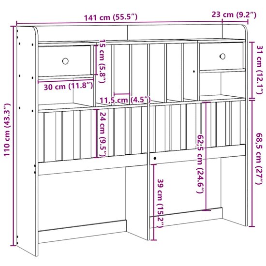 Hoofdbord Met Opbergruimte Massief Grenenhout 135 cm Wasbruin