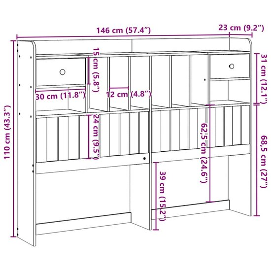 Hoofdbord met opbergruimte 140 cm massief grenenhout wit