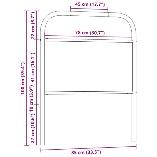 Hoofdbord 80 cm staal en bewerkt hout gerookt eikenkleurig