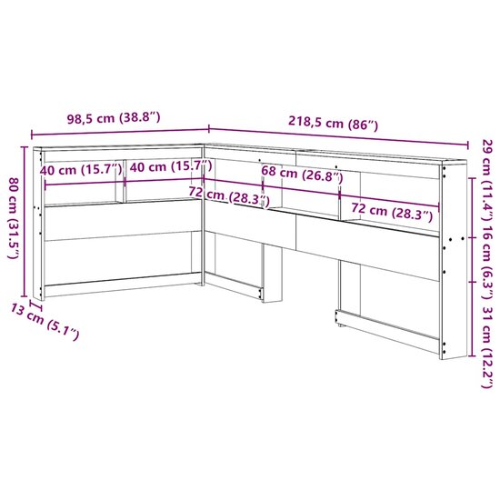 Boekenkast Hoofdeinde L-Vormig 80 Cm Grenenhout 98.5 x 218.5 x 80 cm Wasbruin