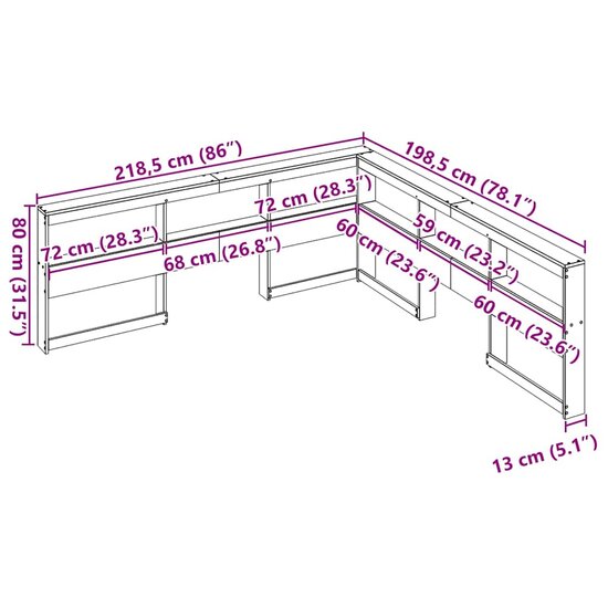 Boekenkast Hoofdeinde L-Vormig 180 Cm Grenenhout 198.5 x 218.5 x 80 cm Wasbruin