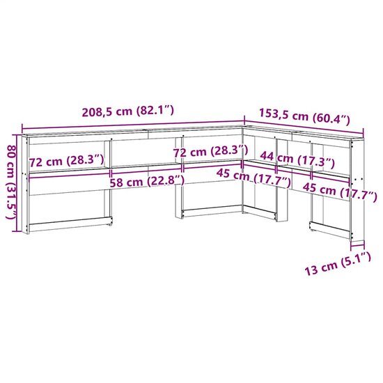 Boekenkast Hoofdeinde L-Vormig 135 Cm Grenenhout 153.5 x 208.5 x 80 cm Wasbruin