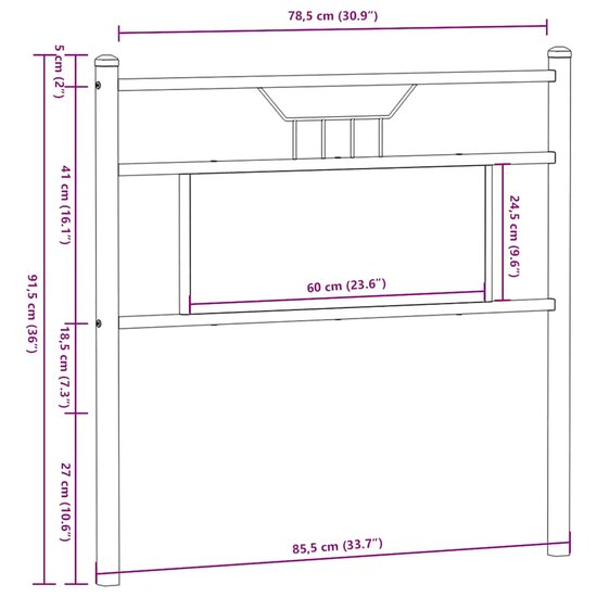 Hoofdbord 80 cm bewerkt hout en staal bruin eikenkleurig