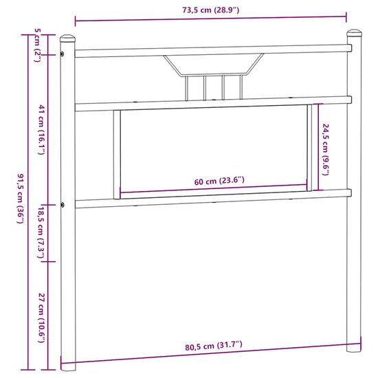 Hoofdbord Bewerkt Hout En Staal Ig 75 cm bruin eikenkleur