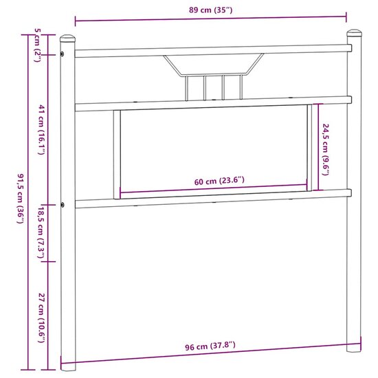 Hoofdbord Bewerkt Hout En Staal Ig 90 cm bruin eikenkleur