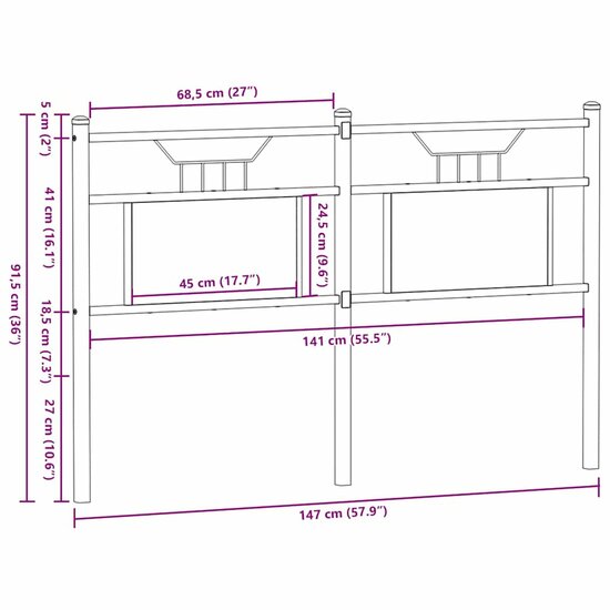 Hoofdbord Bewerkt Hout En Staal Ig 140 cm bruin eikenkleur