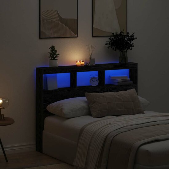 Hoofdbordkast Met Led Kleurig 140 x 17 x 102 cm Zwart eiken