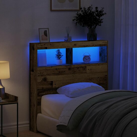 Hoofdbordkast met LED 100x17x102 cm oud hout
