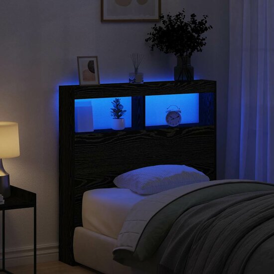 Hoofdbordkast met LED 100x17x102 cm zwart eikenkleurig