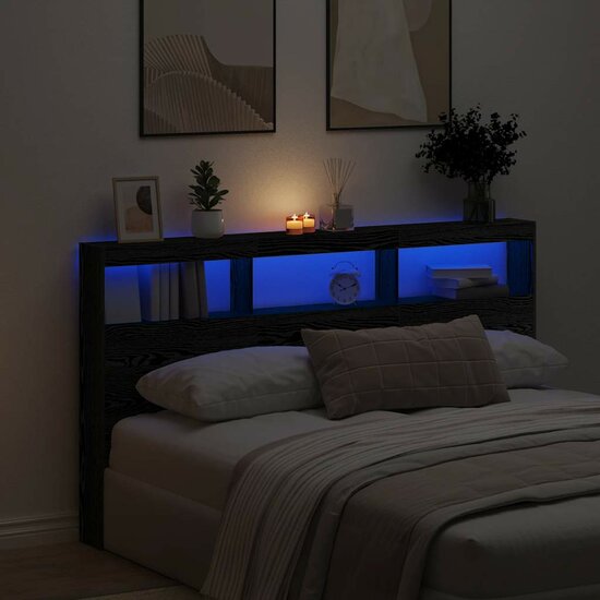 Hoofdbordkast Met Led Eikenkleurig Zwart 180 x 17 x 102 cm Zwart eiken