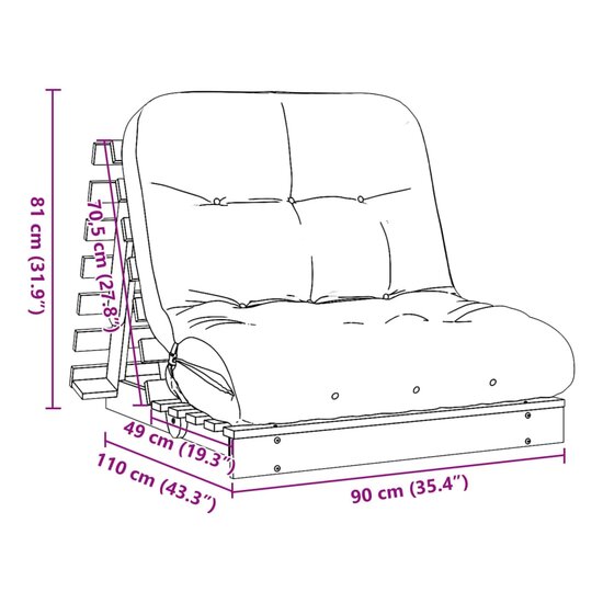 Futon Slaapbank Met Matras Massief Grenenhout 90 x 206 x 11 cm Wit