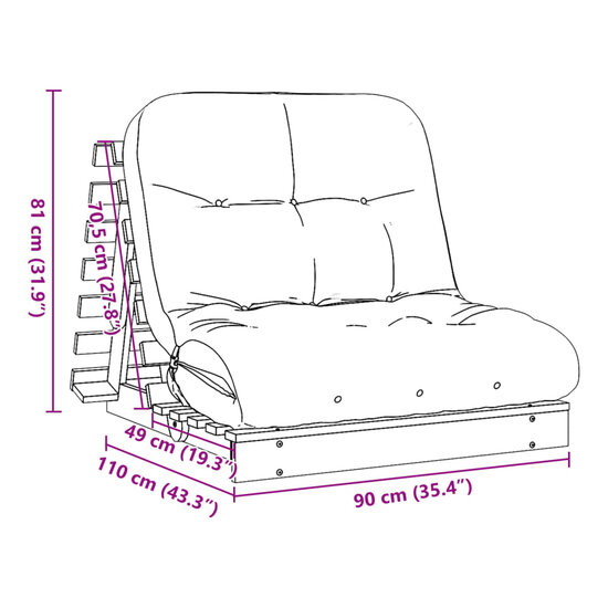 Futon Slaapbank Met Matras Massief Douglashout 90 x 206 x 11 cm Natuurlijk douglashout