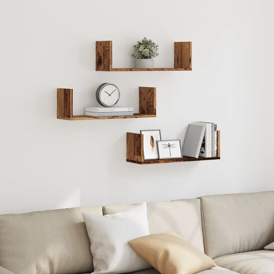 Wandschappen 3 St Bewerkt Hout Kleurig 58 x 18 x 18 cm Oud hout