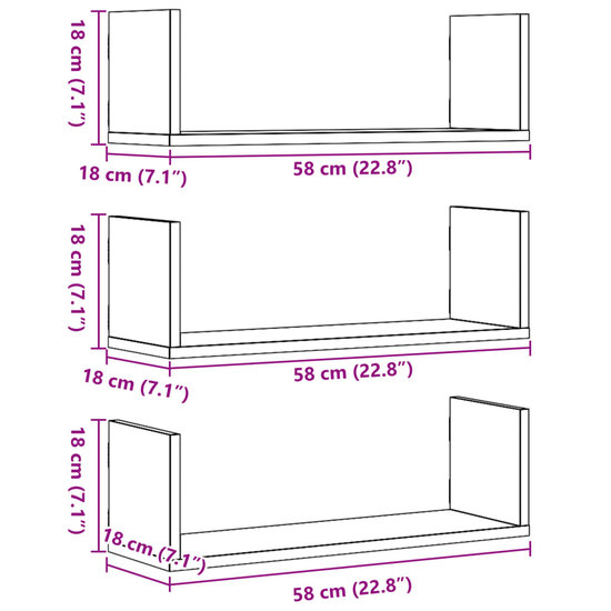 Wandschappen 3 St Bewerkt Hout Kleurig 58 x 18 x 18 cm Gerookt eiken
