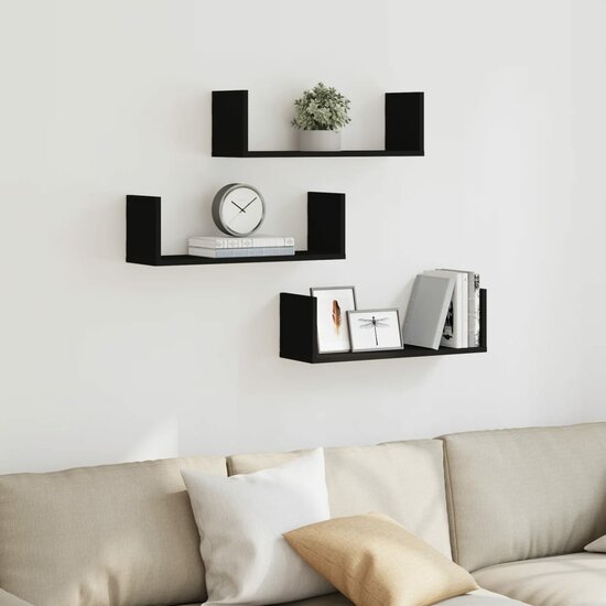 Wandschappen 3 st 58x18x18 cm bewerkt hout zwart