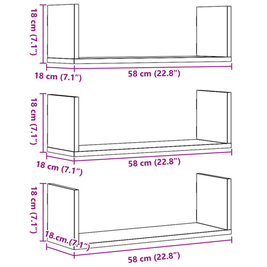 Wandschappen 3 st 58x18x18 cm bewerkt hout zwart
