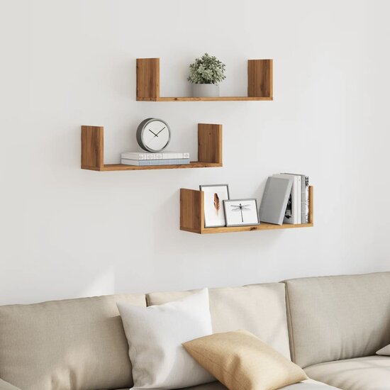 Wandschappen 3 st 58x18x18 cm bewerkt hout artisanaal eiken