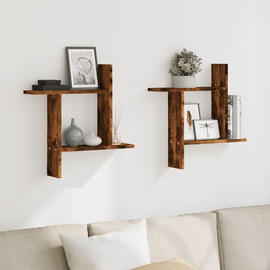 Wandschappen 2 St Bewerkt Hout Kleurig 50 x 12 x 50 cm Gerookt eiken