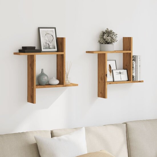 Wandschappen 2 St Bewerkt Hout Artisanaal 50 x 12 x 50 cm Eiken