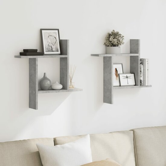 Wandschappen 2 St Bewerkt Hout 50 x 12 x 50 cm Betongrijs
