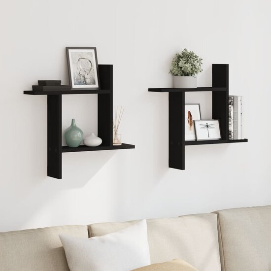 Wandschappen 2 St Bewerkt Hout 50 x 12 x 50 cm Zwart