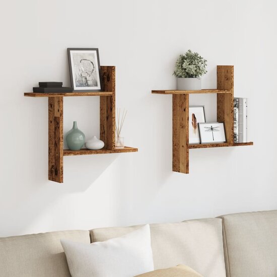 Wandschappen 2 st 50x12x50 cm bewerkt hout oud houtkleurig