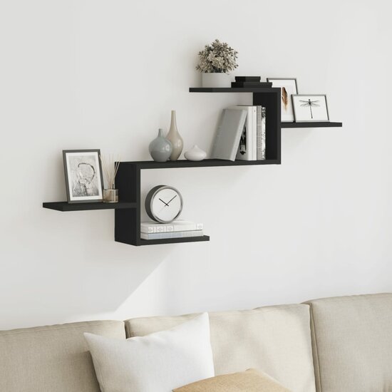 Wandschap 104X15X49 Cm Bewerkt Hout Zwart