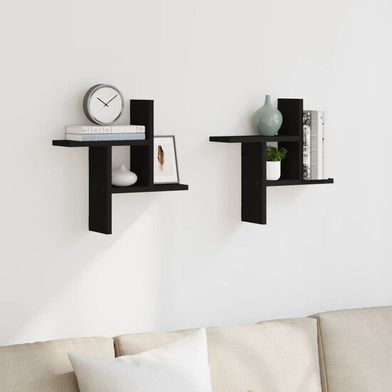 Wandschappen 2 St Bewerkt Hout 38 x 12 x 38 cm Zwart
