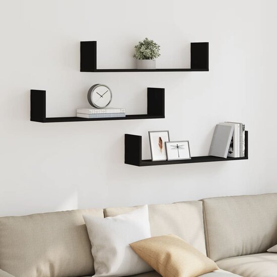 Wandschappen 3 St Bewerkt Hout 80 x 18 x 18 cm Zwart