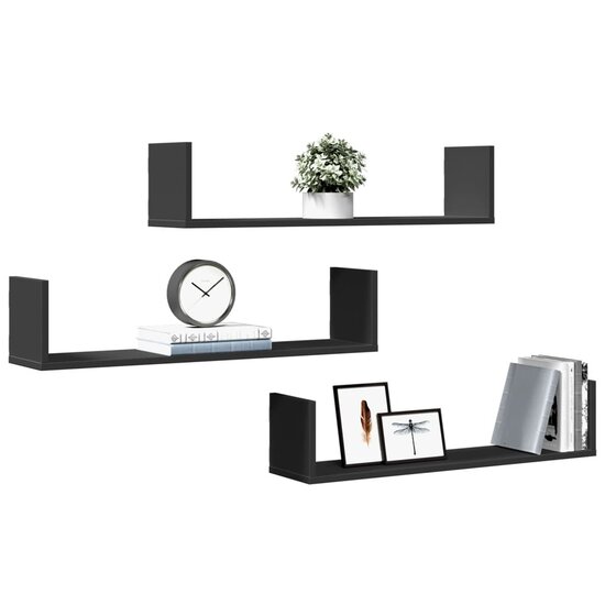 Wandschappen 3 St Bewerkt Hout 80 x 18 x 18 cm Zwart