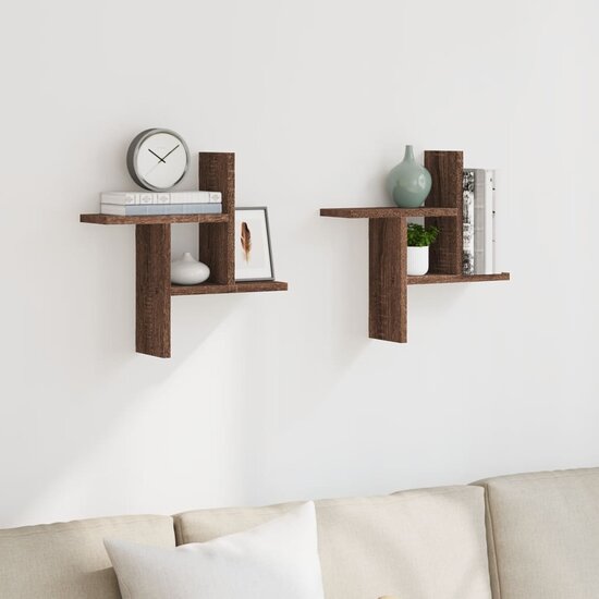 Wandschappen 2 St Bewerkt Hout Ig 38 x 12 x 38 cm bruin eikenkleur