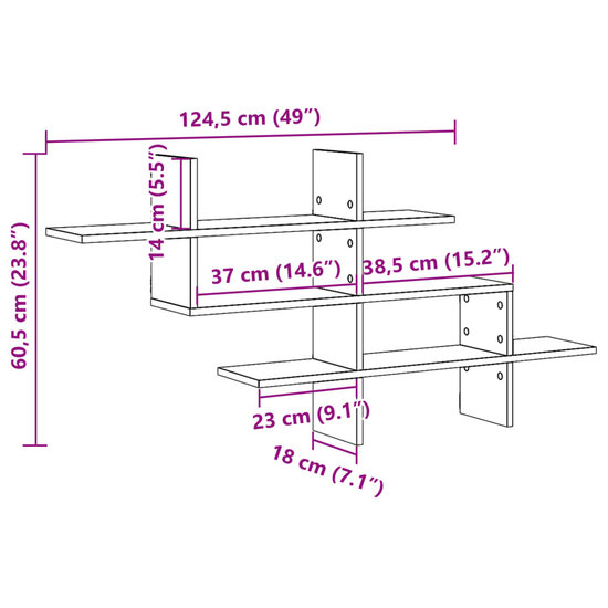Wandschap 124,5X18X60,5 Cm Bewerkt Hout Betongrijs