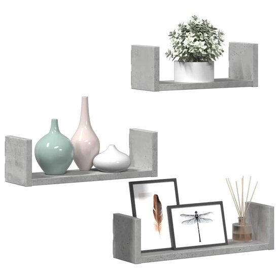 Wandschappen 3 st bewerkt hout betongrijs