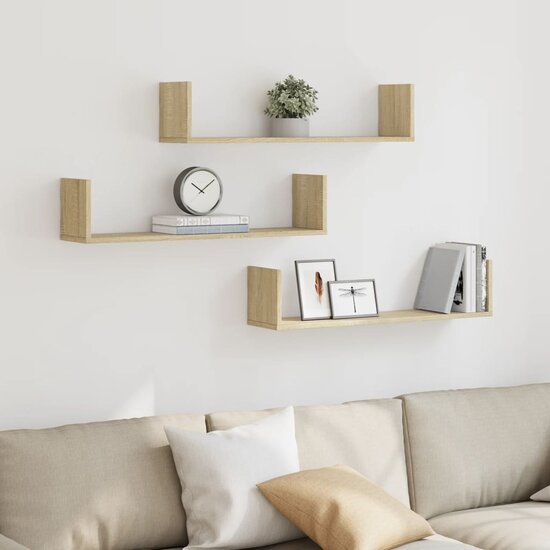 Wandschappen 3 St Bewerkt Hout Kleurig 80 x 18 x 18 cm Sonoma eiken