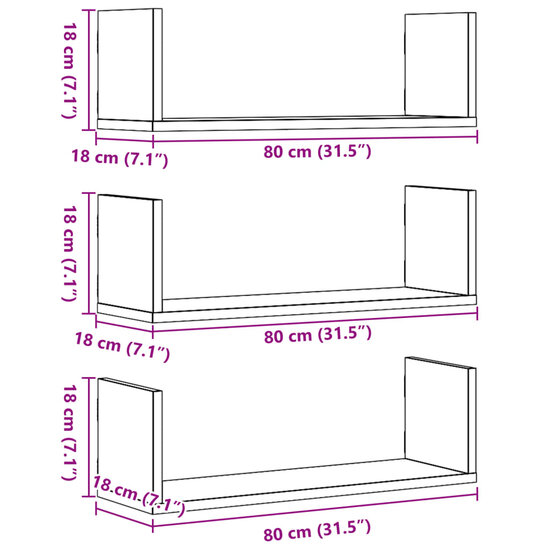 Wandschappen 3 St Bewerkt Hout Eiken 80 x 18 x 18 cm Grijs sonoma