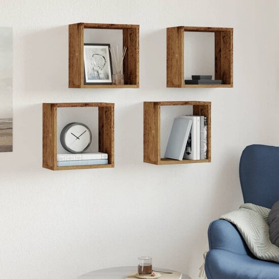 Wandschappen Kubus 30X15X30Cm Bewerkt Hout Kleurig Oud Hout 4 30 x 15 x 30 cm