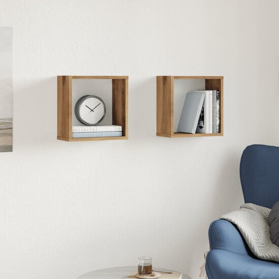 Wandschappen kubus 2st 30x15x30cm bewerkt hout artisanaal eiken
