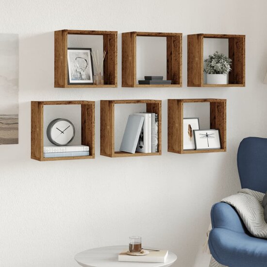Wandschappen Kubus 30X15X30Cm Bewerkt Hout Kleurig Oud Hout 6 30 x 15 x 30 cm