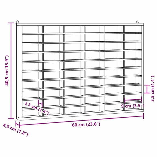 Houten Verzamelvitrine Met 60 Vakken 60X4,5X40,5 Cm 60 x 4.5 x 40.5 cm