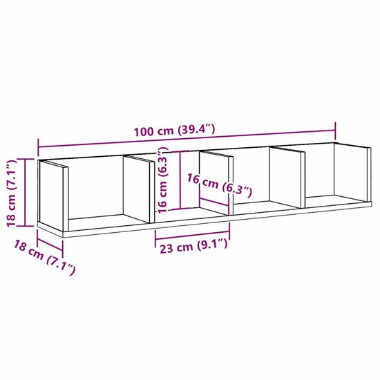 Cd-wandschap 100x18x18 cm bewerkt hout oud houtkleurig