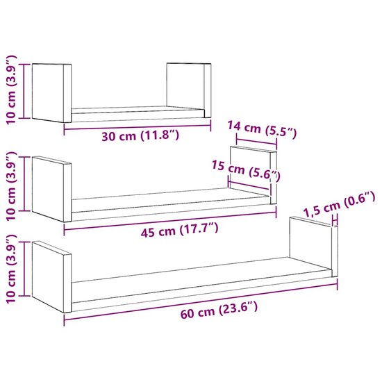 Wandschappen 3 st bewerkt hout zwart eiken