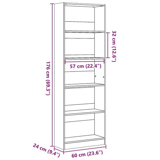Boekenkast 60X24X Bewerkt Hout Zwart 60 cm 176 cm