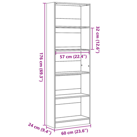 Boekenkast 60x24x176 cm bewerkt hout bruin eikenkleurig
