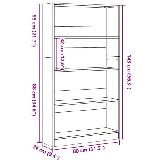 Boekenkast 80x24x143 cm bewerkt hout bruin eikenkleurig