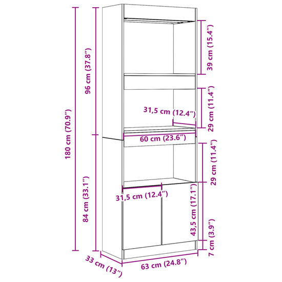 Hoge kast 63x33x180 cm bewerkt hout gerookt eikenkleurig