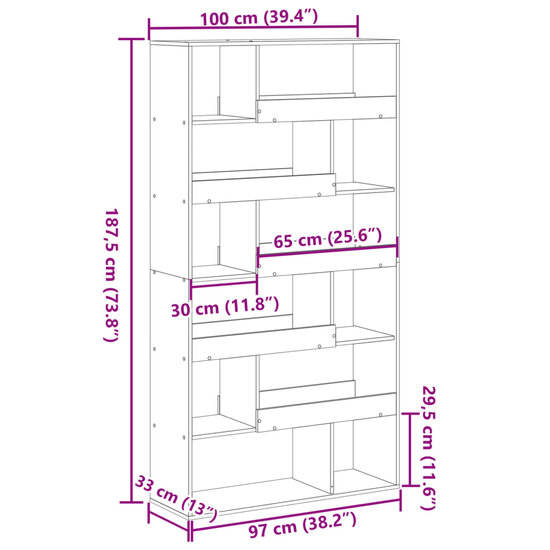 Boekenkast 100X33X187,5 Cm Bewerkt Hout 187.5 cm Betongrijs