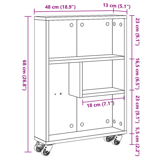 Opbergtrolley Smal 48X13X68 Cm Bewerkt Hout Kleurig Sonoma eiken